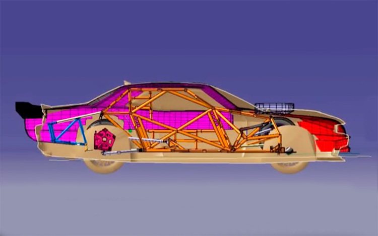 Montaje base de la carrocería del Challenger sobre la estructura del Dodge de TC actual. 
